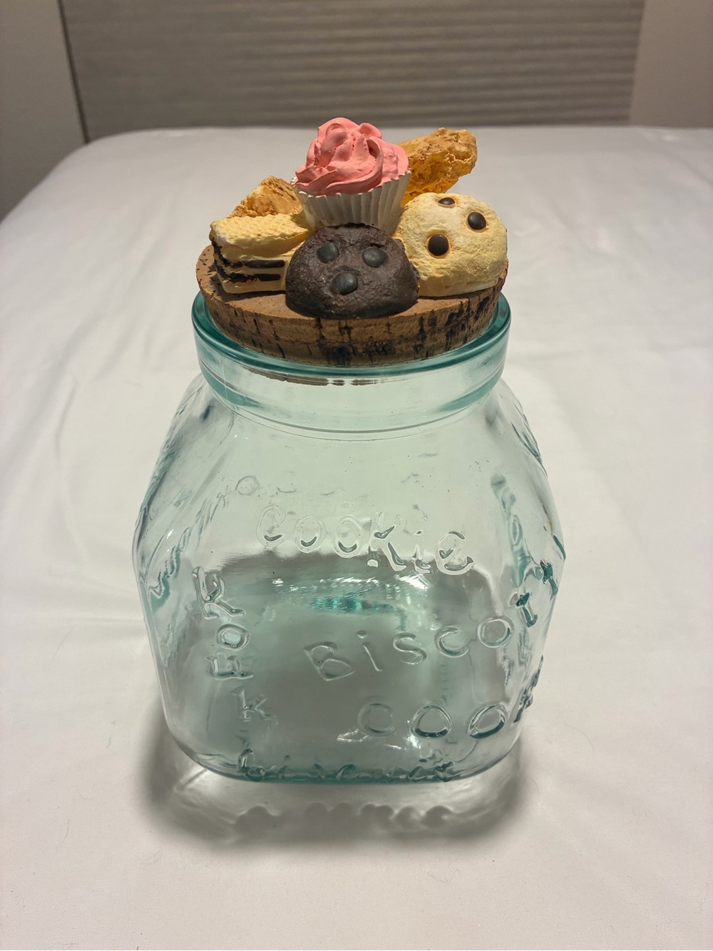 Light blue Glass Cookie Jar with cookie accent Lid - Pink & Neutral Decorative
